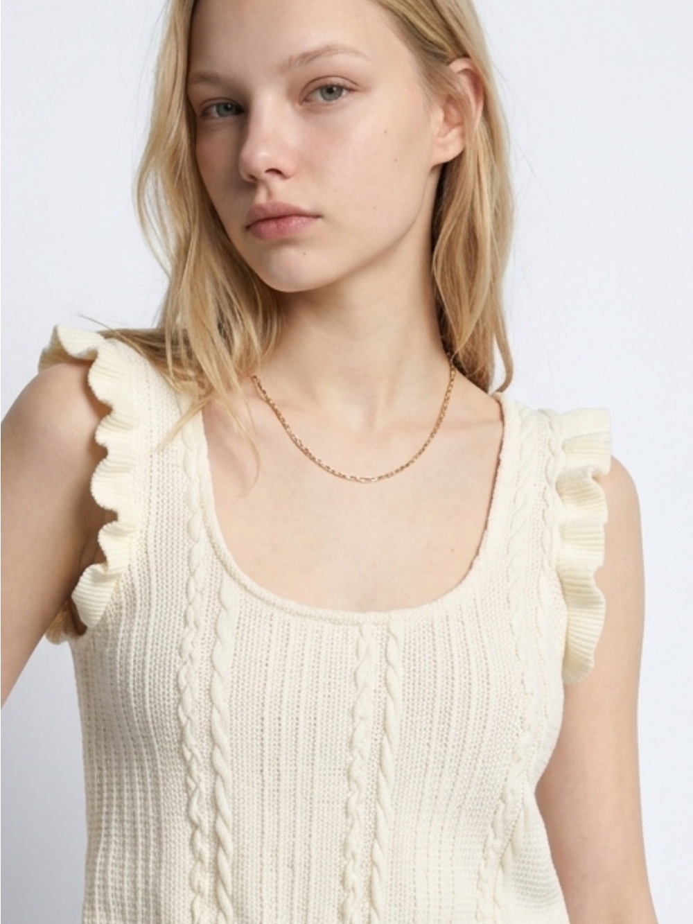 Zara Cream Knit Ruffle-Sleeve Tank